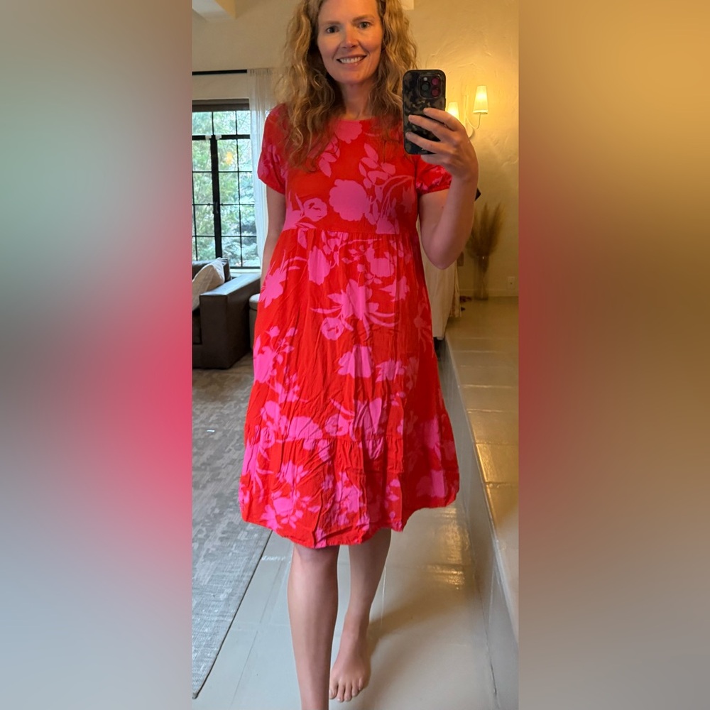 Anna-Kaci Red Pink Floral Midi Dress Puff Sleeve Tiered Summer Vacation Dress M